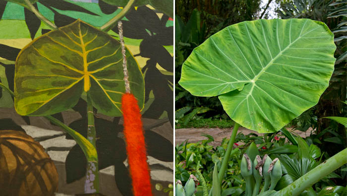 Pintura e jardim: detalhe da obra "Lago Quadrado" (2010), de Luiz Zerbini, e a mesma planta no acervo botânico do parque.