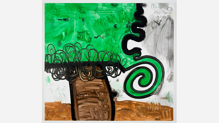 Além dos traços pretos característicos que descrevem as figuras, a forma do espiral se tornou um código pictórico no trabalho de Dunham. (Carroll Dunham, Garden  1, 2008. Cortesia Gladstone Gallery, Nova York e Bruxelas. Foto: David Regen)